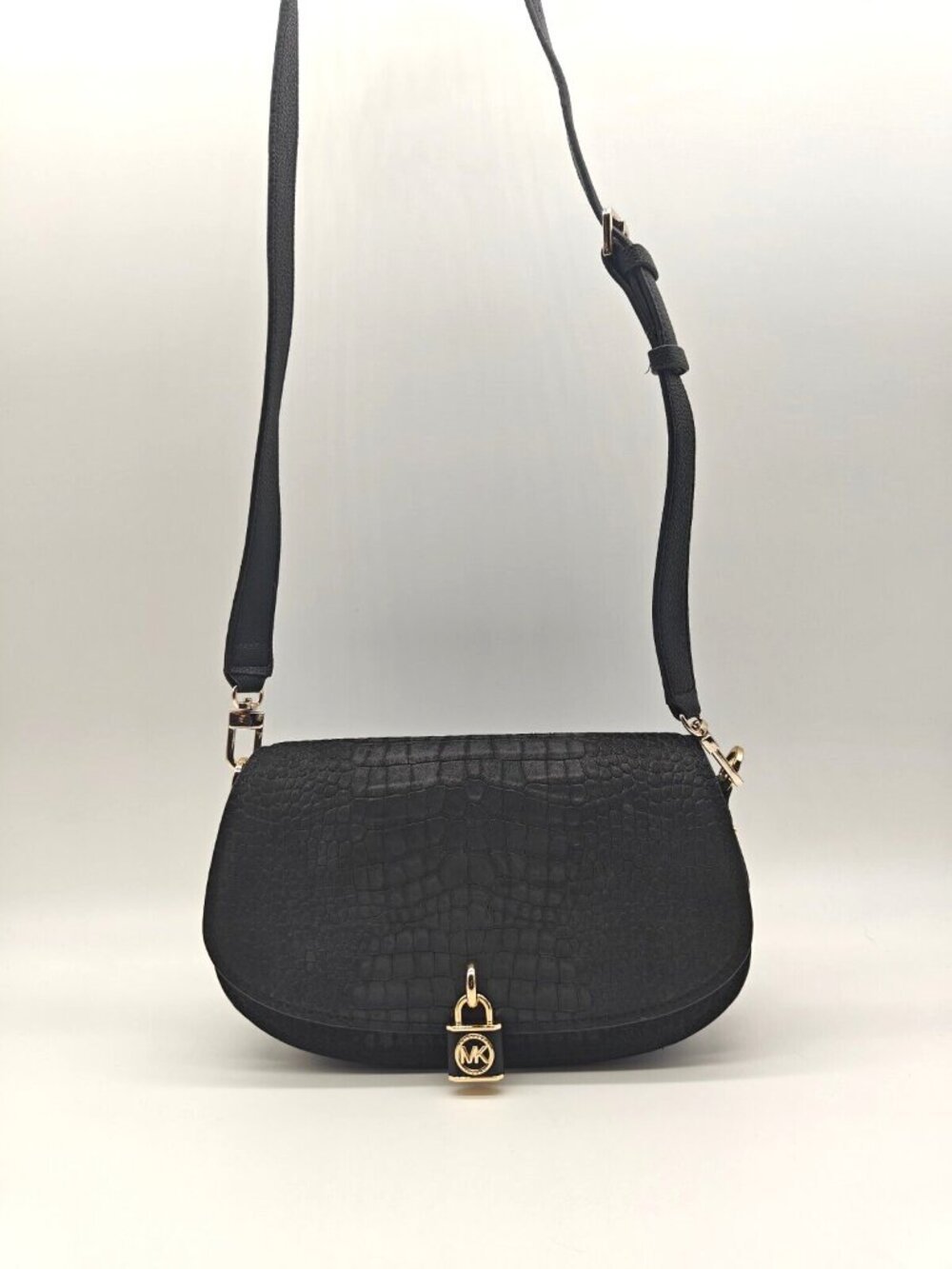 MICHAEL KORS Mila East West croc embossed flap leather crossbody bag in Black